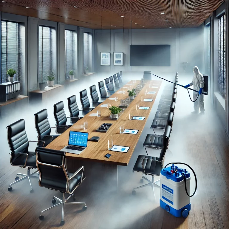 Illustration d'une salle de réunion où un brouillard de désinfectant est diffusé pour la décontamination des surfaces.
