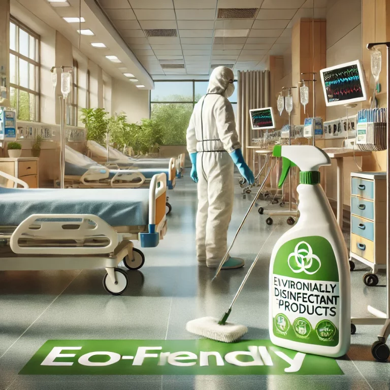Illustration de l'utilisation de produits désinfectants écologiques pour la décontamination des surfaces dans un hôpital.