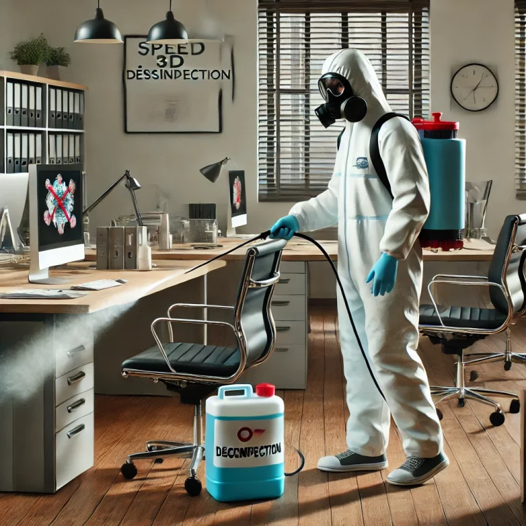 Technicien de Speed 3D Désinfection effectuant une décontamination d'un bureau pour assurer la sécurité sanitaire des employés.