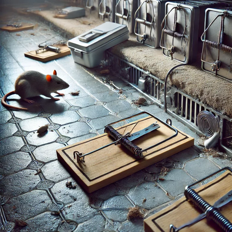 Différents types de pièges mécaniques utilisés pour attraper les rats dans un environnement résidentiel ou commercial.