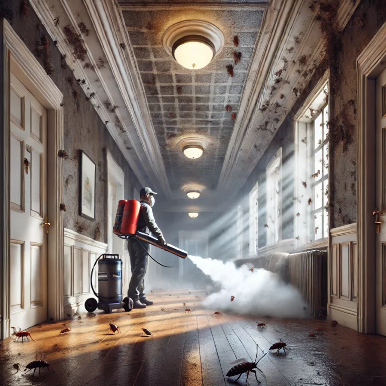 Brumisation d'insecticide dans un immeuble infesté de cafards par un technicien de Speed 3D Désinfection.