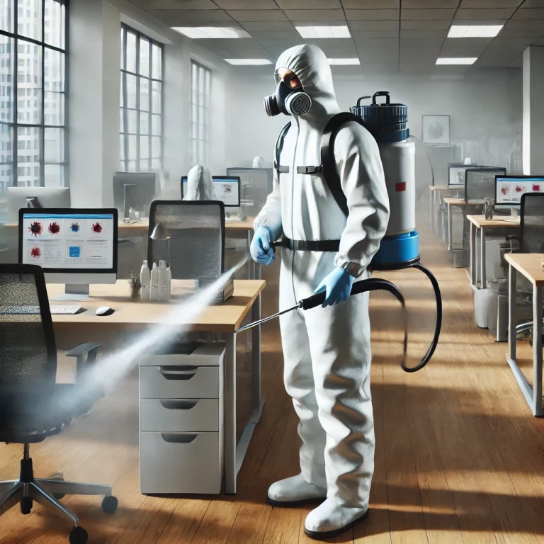 Technicien appliquant une désinfection 3D dans un bureau pour éliminer les virus après une contamination virale.