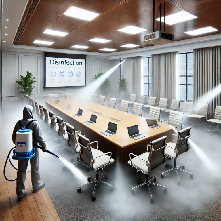 Désinfection par brumisation dans une salle de réunion pour éliminer virus et bactéries.