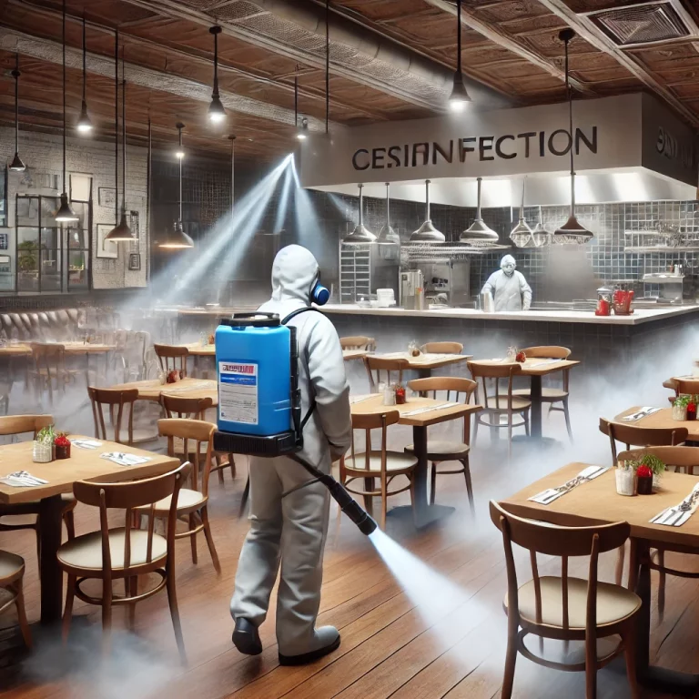 Technicien appliquant des biocides certifiés pour la désinfection 3D dans un restaurant, couvrant toutes les surfaces.