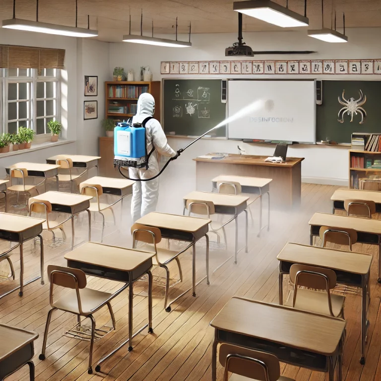 Désinfection d'une salle de classe avec des produits spécialisés après des cas de contamination virale.