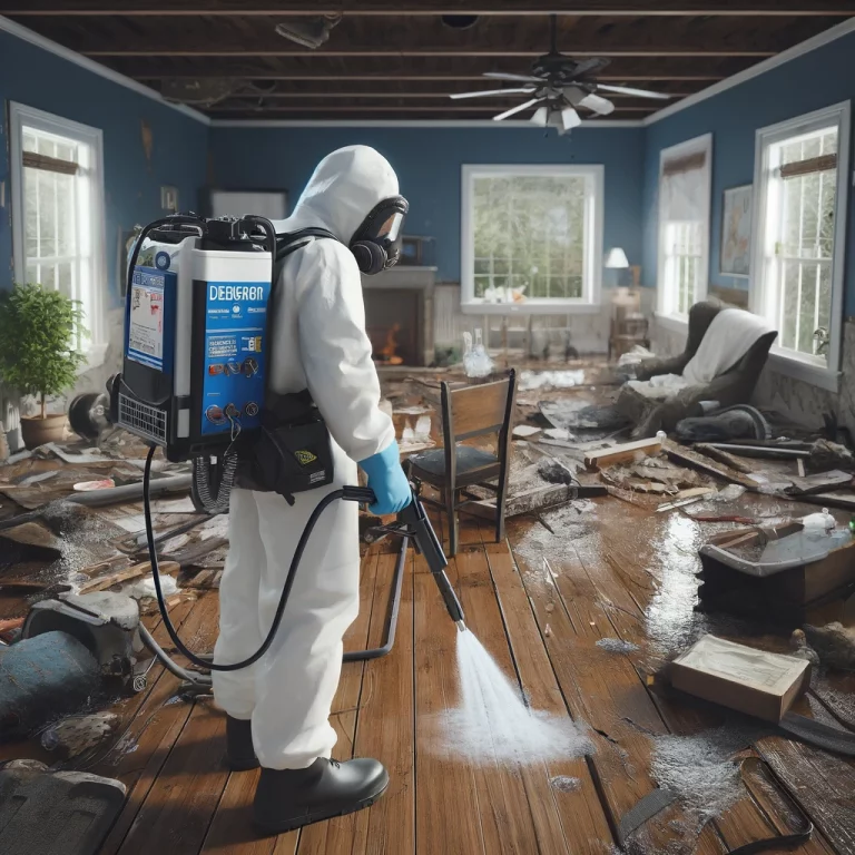 Technicien effectuant une désinfection d’urgence après un sinistre pour assurer la sécurité et l’hygiène.