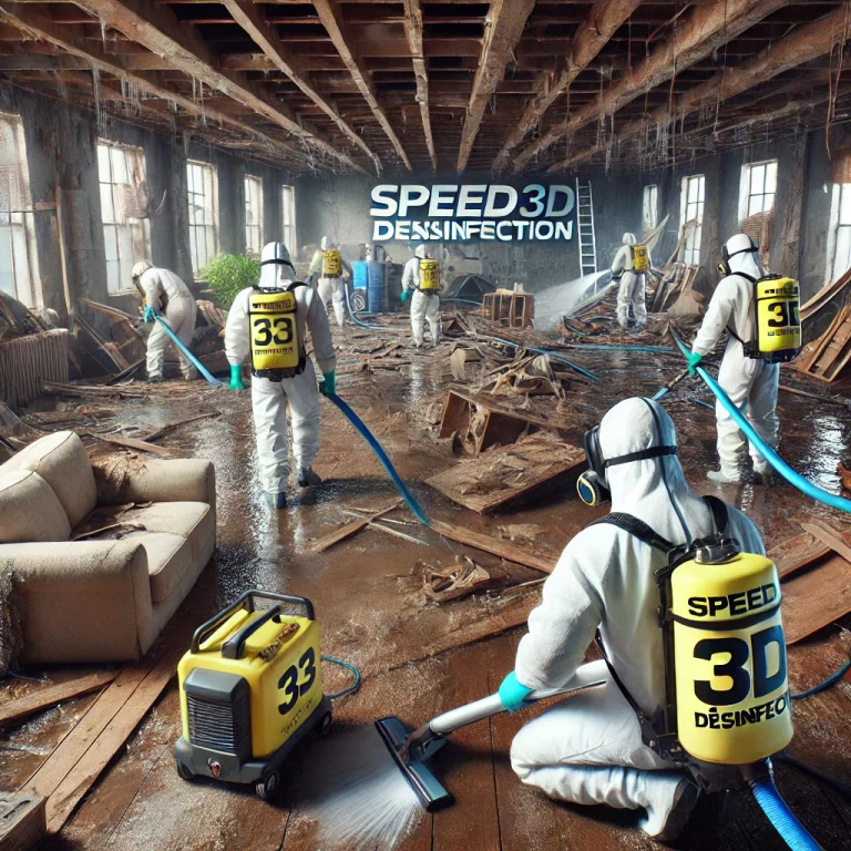 Équipe de techniciens de Speed 3D Désinfection intervenant après un sinistre pour nettoyer et désinfecter un espace endommagé.