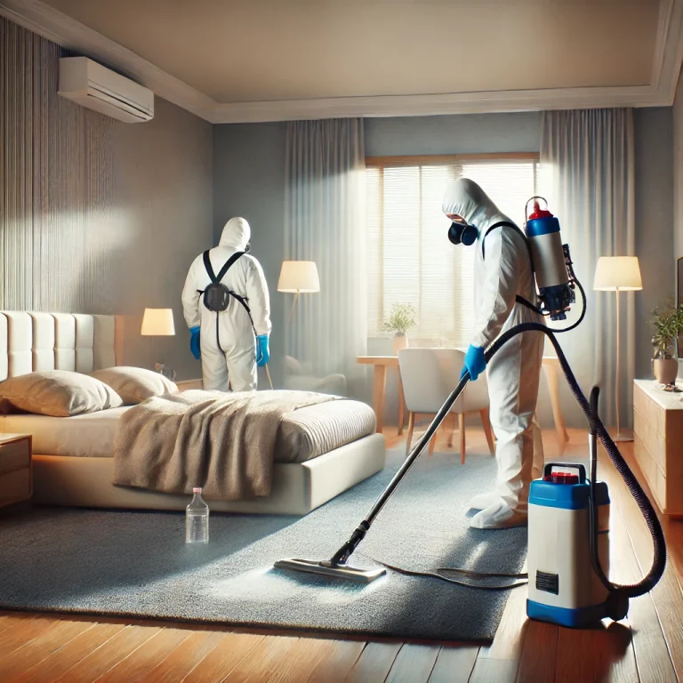Technicien effectuant un nettoyage en profondeur dans une pièce après une désinfection suite à un décès pour restaurer l’hygiène.