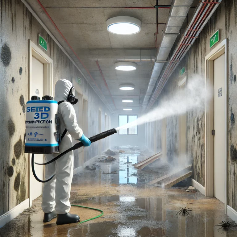 Brumisation par un technicien de Speed 3D Désinfection pour éliminer les moisissures après un dégât des eaux dans un immeuble.