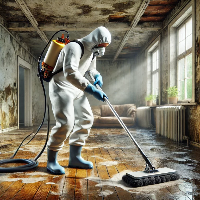 echnicien de Speed 3D Désinfection nettoyant et assainissant les surfaces après un dégât des eaux pour restaurer l'hygiène.