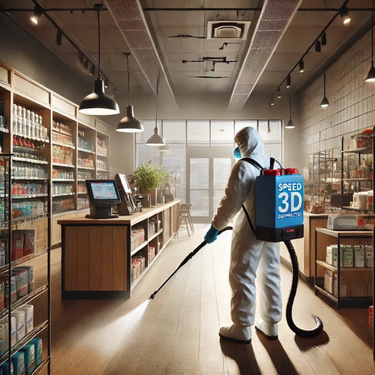 Technicien de Speed 3D Désinfection utilisant des équipements spécialisés pour désinfecter un commerce avant sa réouverture.