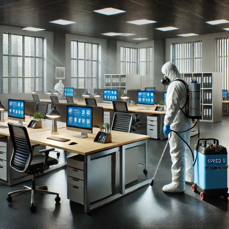 Technicien de Speed 3D Désinfection désinfectant des bureaux pour créer un environnement de travail sûr et hygiénique.