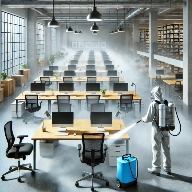 Brumisation désinfectante dans un open-space pour nettoyer les bureaux et l’air ambiant, réalisée par Speed 3D Désinfection.