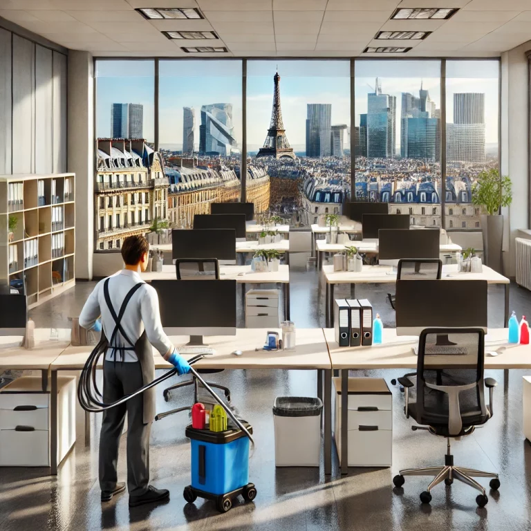 Illustration d’un technicien effectuant un entretien professionnel dans des bureaux à Paris, avec vue sur des monuments emblématiques.