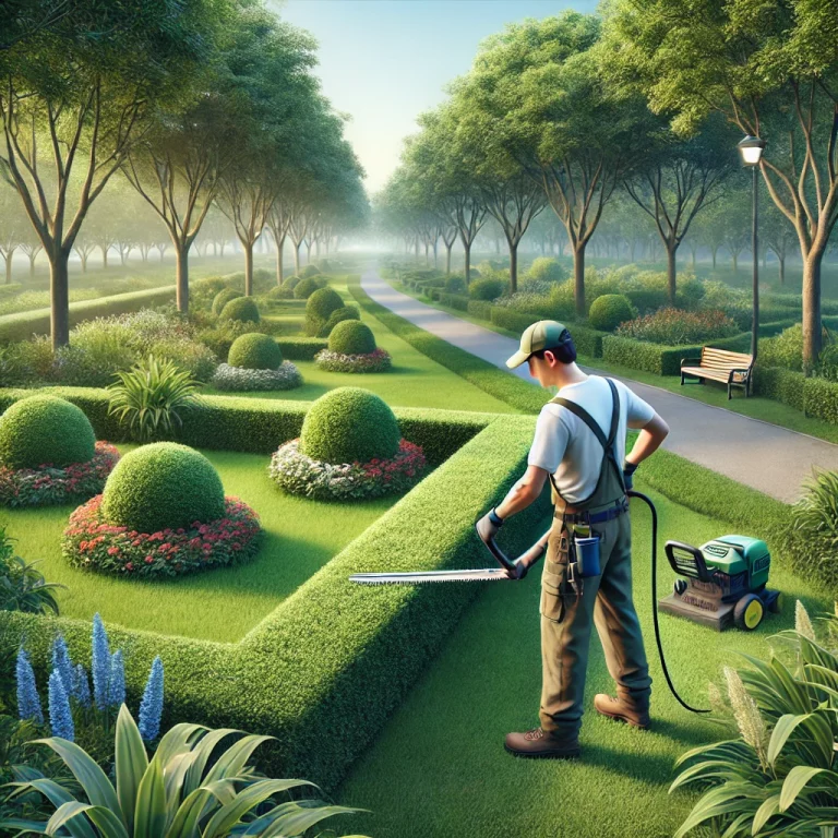 Jardinier professionnel taillant des haies dans un parc avec des outils spécialisés pour entretenir le paysage.