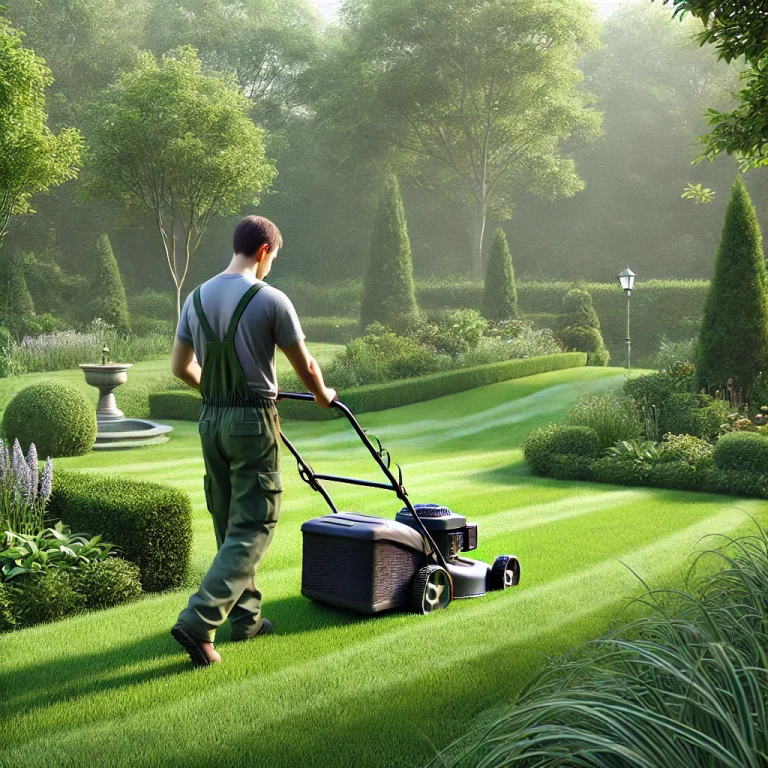Jardinier professionnel effectuant la tonte de la pelouse dans un jardin bien entretenu.