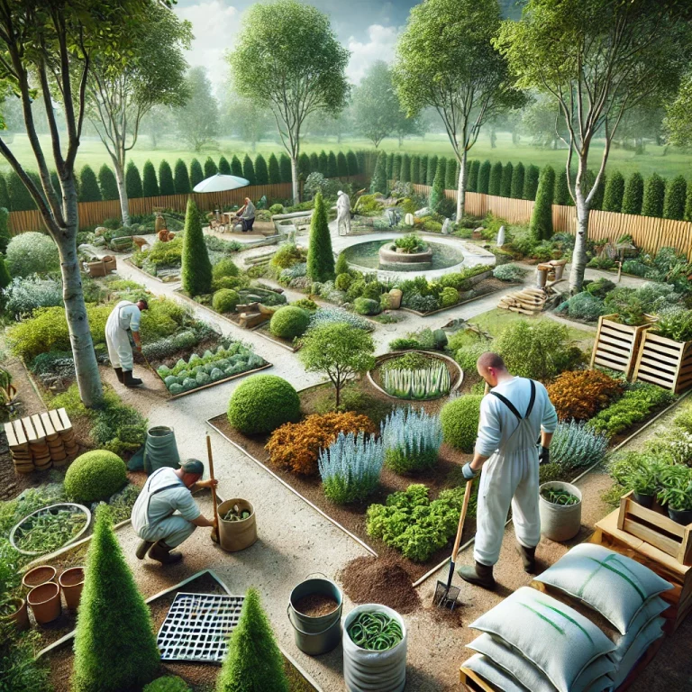 Paysagiste professionnel en train de concevoir et d’aménager un espace vert avec des arbres, des arbustes et des parterres de fleurs.