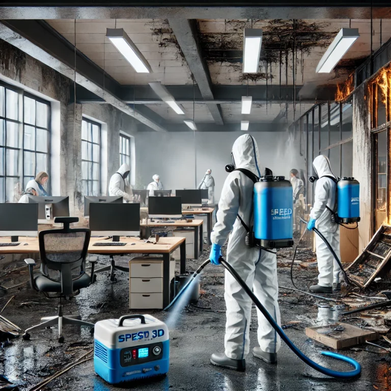 Techniciens de Speed 3D Désinfection désinfectant et nettoyant des locaux professionnels après un incendie.