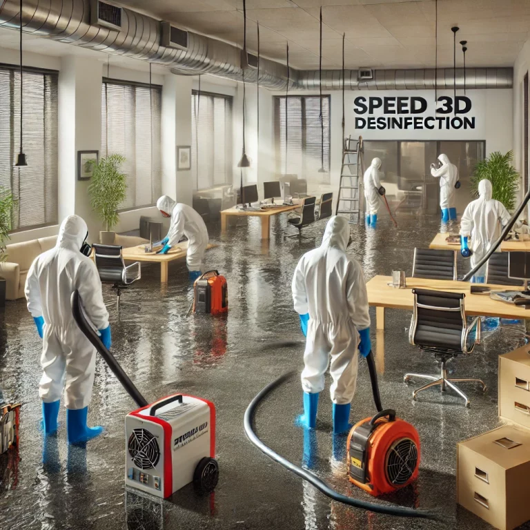 Techniciens de Speed 3D Désinfection utilisant des équipements spécialisés pour l'assèchement et le nettoyage après un dégât des eaux.