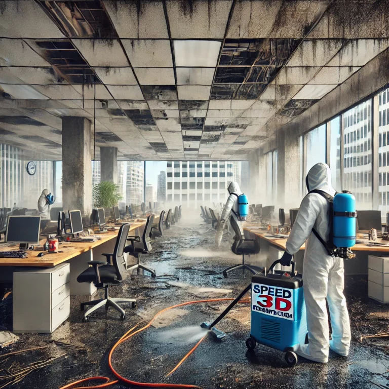 Techniciens de Speed 3D Désinfection effectuant une décontamination et un nettoyage après sinistre dans des bureaux endommagés.