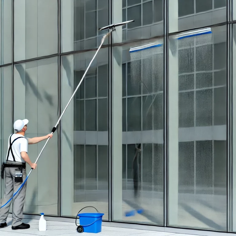 Nettoyeur de vitres professionnel en action, utilisant une perche télescopique pour nettoyer une grande baie vitrée.