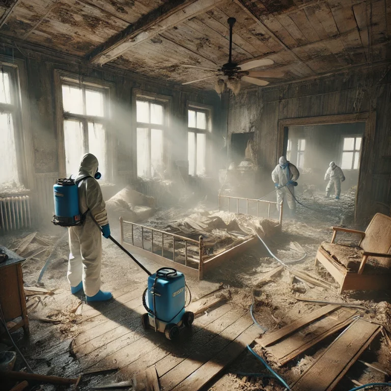 Techniciens de Speed 3D Désinfection effectuant un nettoyage en profondeur dans une maison abandonnée pour restaurer l'hygiène.
