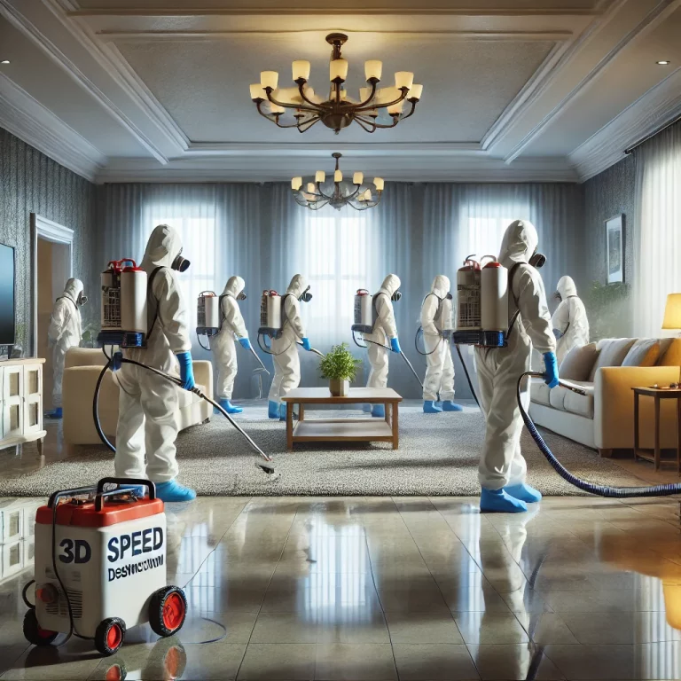 Équipe de Speed 3D Désinfection effectuant un nettoyage et une désinfection dans un logement insalubre après un décès.