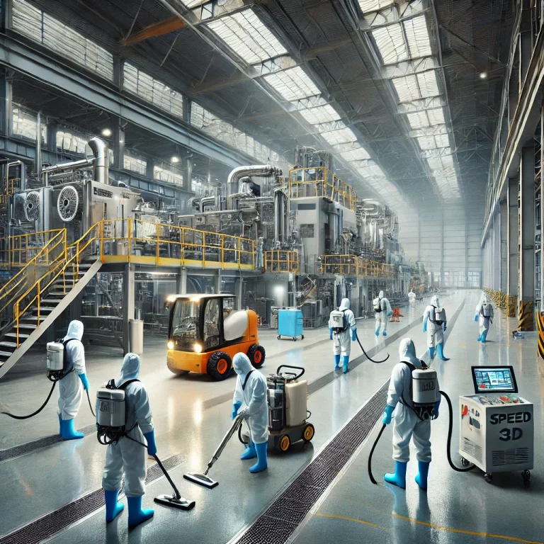 Équipe de Speed 3D Désinfection nettoyant et désinfectant un espace industriel avec des équipements spécialisés.