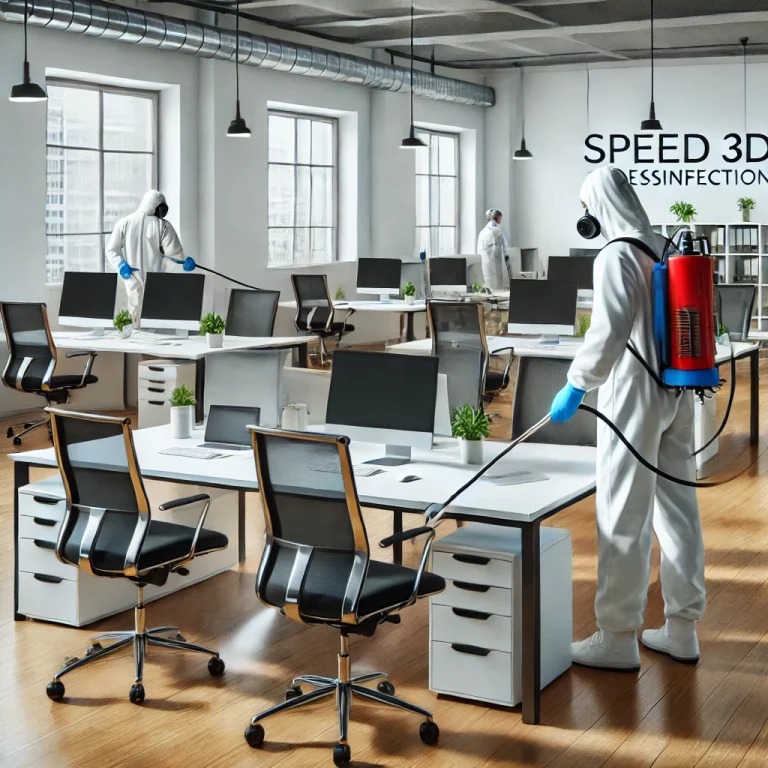 Techniciens de Speed 3D Désinfection désinfectant un espace de bureau pour garantir la sécurité et l’hygiène.