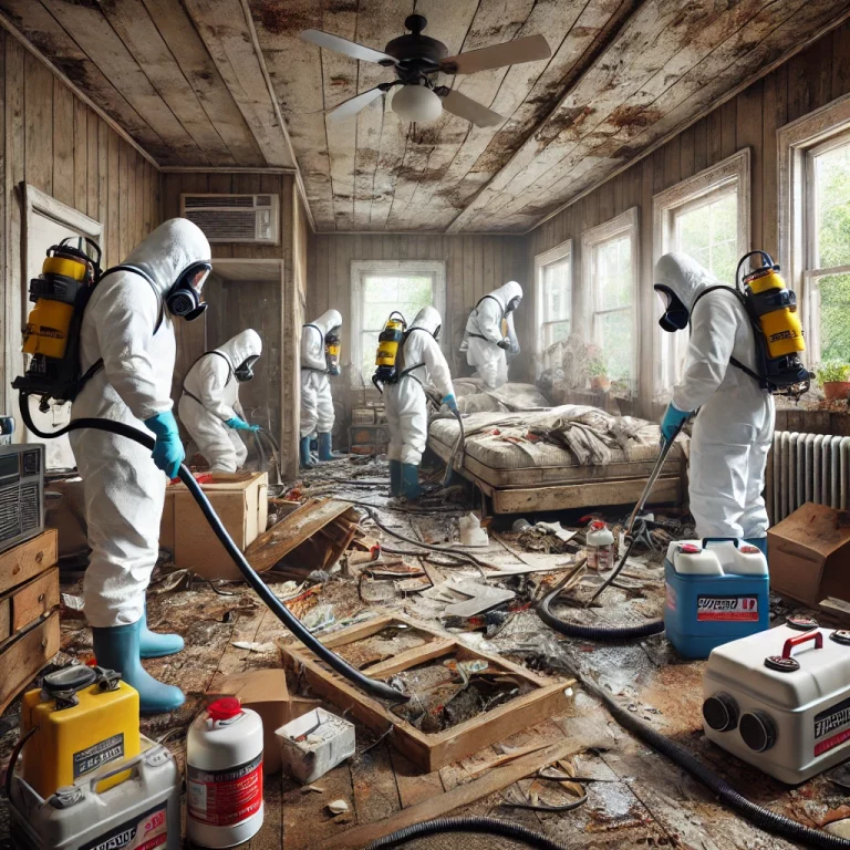 echniciens de Speed 3D Désinfection effectuant une désinfection d'urgence dans un appartement insalubre.