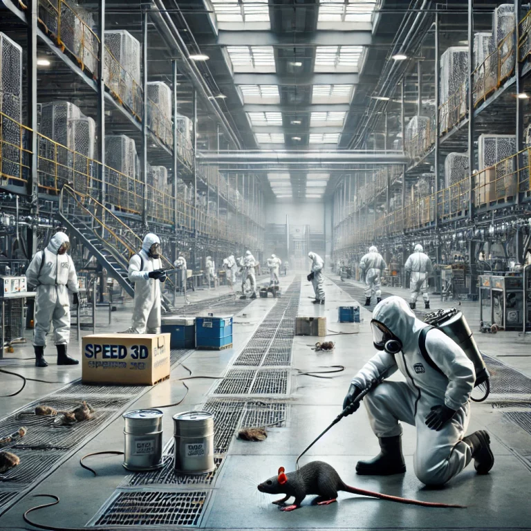 Techniciens de Speed 3D Désinfection réalisant une dératisation d’urgence dans un bâtiment industriel avec des équipements spécialisés.