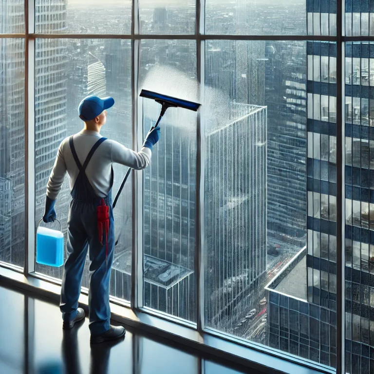 Nettoyeur de vitres professionnel réalisant un nettoyage sans traces sur les fenêtres d'un immeuble de bureaux.