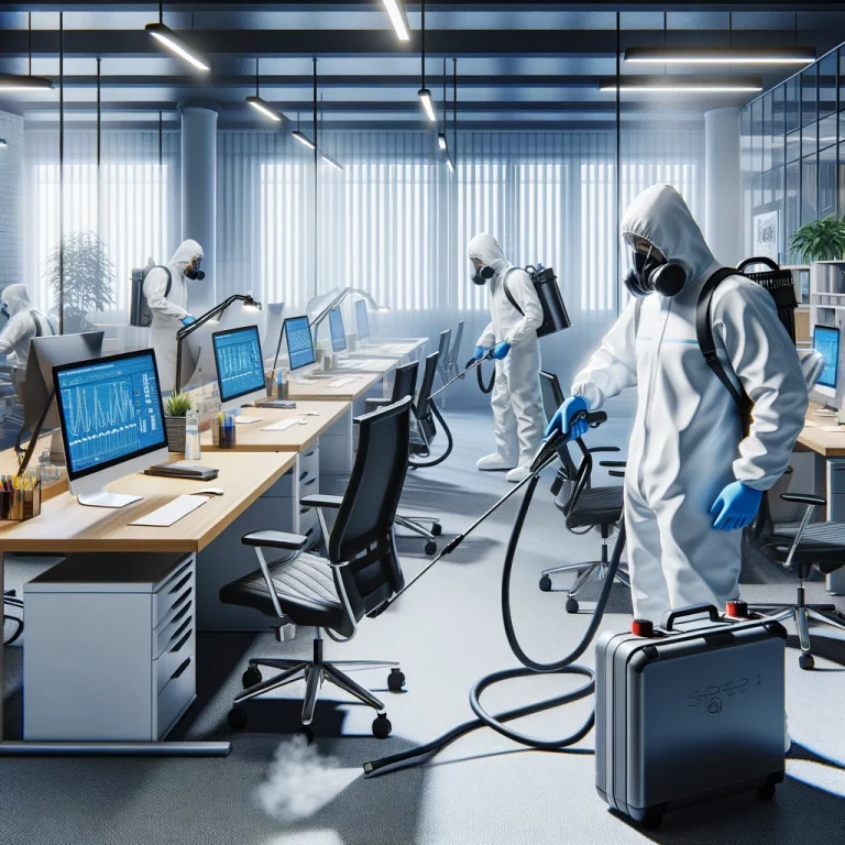 Équipe de Speed 3D Désinfection désinfectant minutieusement un espace de bureau, incluant bureaux, chaises, et surfaces fréquemment touchées.