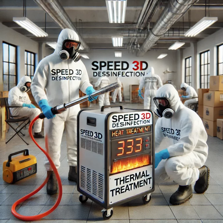 Équipe de Speed 3D Désinfection préparant un traitement thermique pour l'élimination des nuisibles.