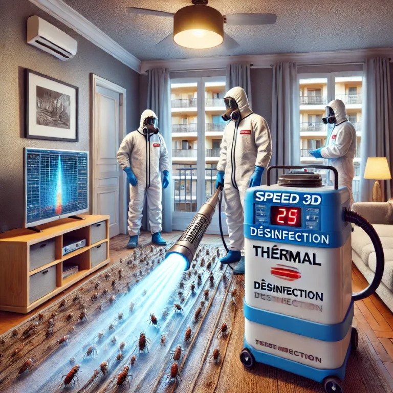 Techniciens de Speed 3D Désinfection appliquant un traitement thermique dans un appartement pour éliminer les nuisibles.