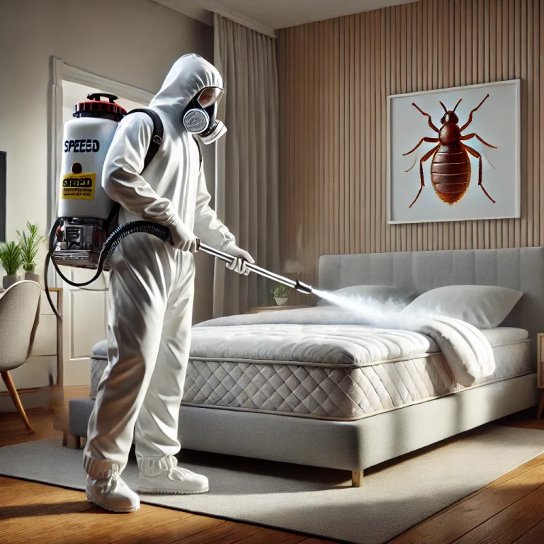 Technicien de Speed 3D Désinfection appliquant un insecticide pour éradiquer les punaises de lit dans un appartement à Cannes.