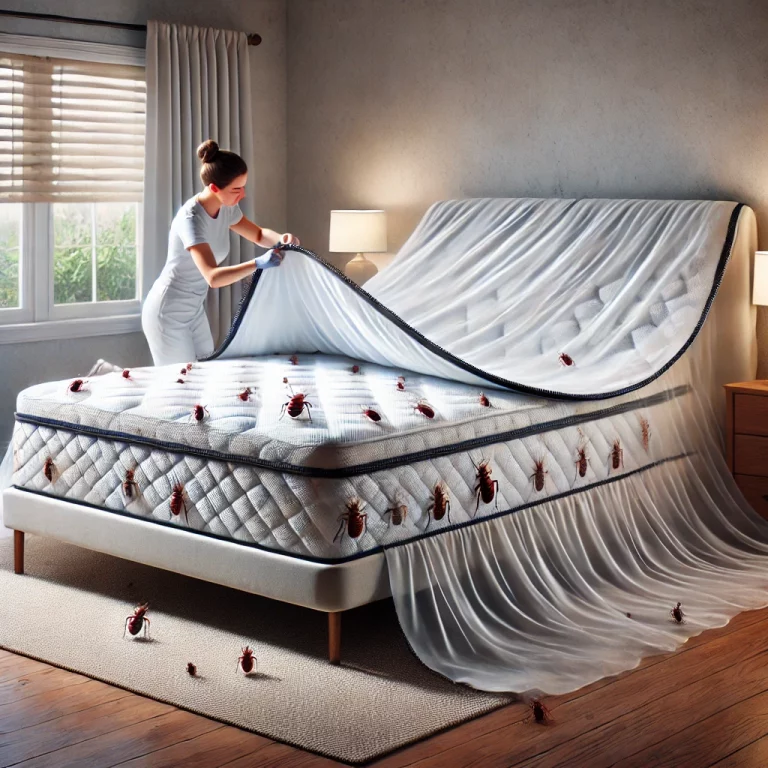 Installation d’une housse protectrice anti-punaises de lit sur un matelas pour prévenir les infestations.