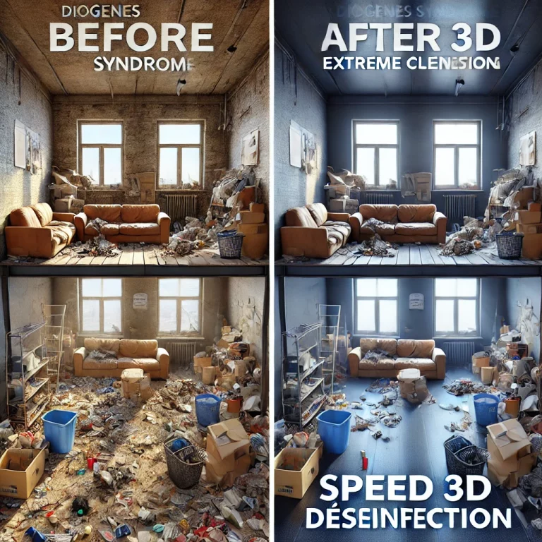 Comparaison avant/après d’un logement touché par le syndrome de Diogène, nettoyé par Speed 3D Désinfection.