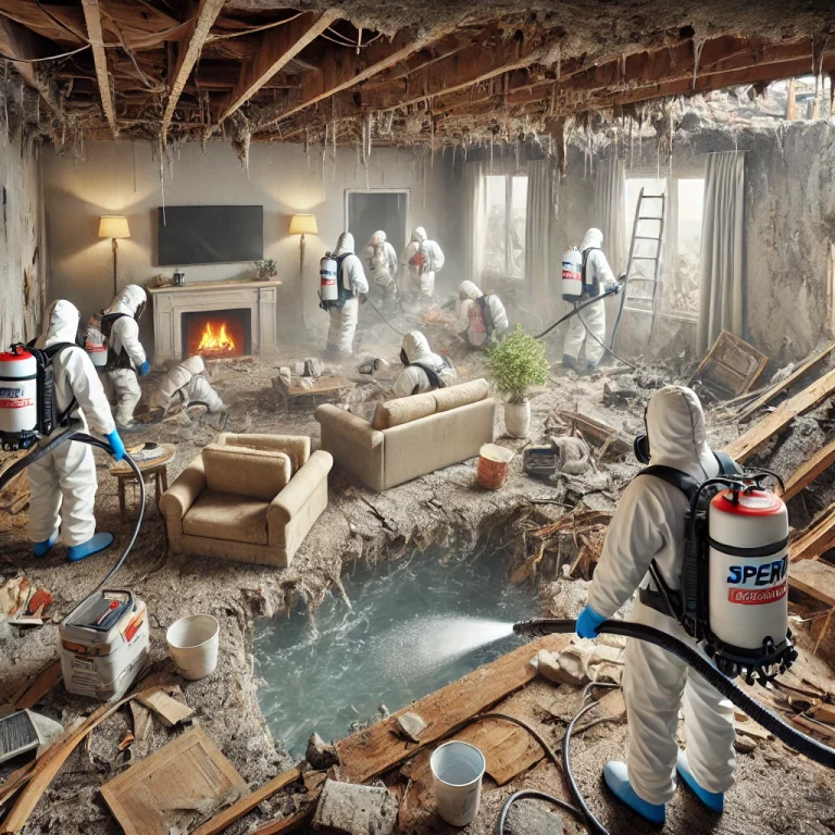 Techniciens de Speed 3D Désinfection effectuant un nettoyage après sinistre dans un logement endommagé.