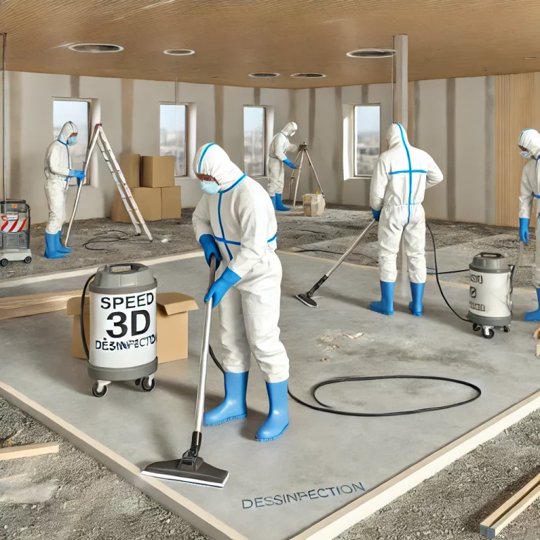 Techniciens de Speed 3D Désinfection effectuant un nettoyage de fin de chantier dans un espace nouvellement construit.