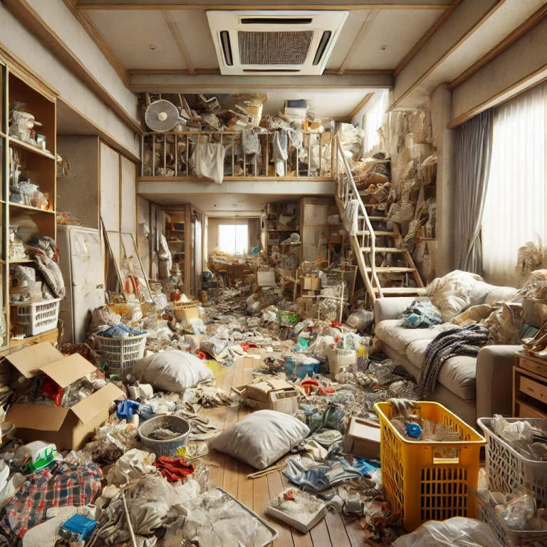 Illustration d'un appartement résidentiel en état d'insalubrité extrême, rempli de déchets et de meubles anciens.