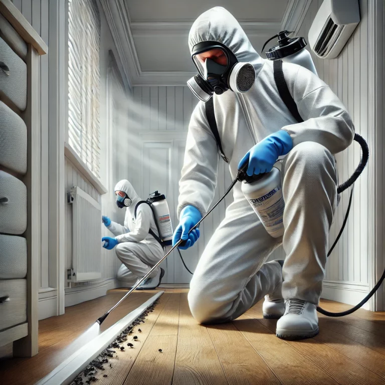 Un exterminateur en tenue de protection appliquant un spray insecticide pour éliminer les nuisibles.