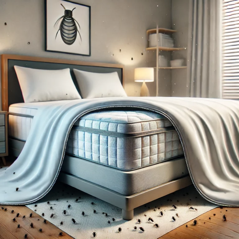 Housse de protection anti-punaises de lit sur un sommier.
