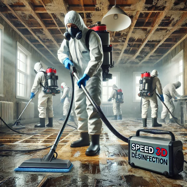 Équipe de Speed 3D Désinfection en pleine intervention de nettoyage spécialisé.