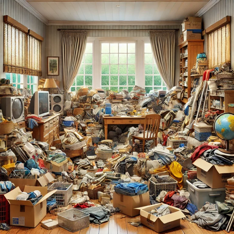 Illustration d’un intérieur avec une accumulation excessive d'objets, illustrant un comportement de syllogomanie.