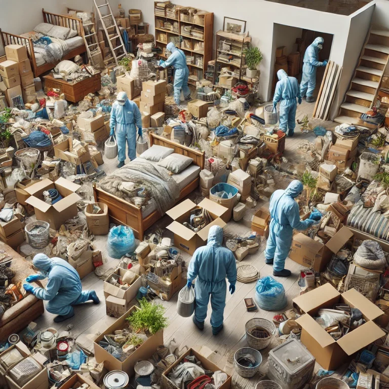 Illustration du processus de tri et de débarras des objets accumulés dans un intérieur résidentiel.