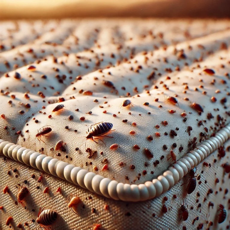 Illustration des signes typiques d'une infestation de punaises de lit sur un matelas, incluant taches sombres et peaux de mue.