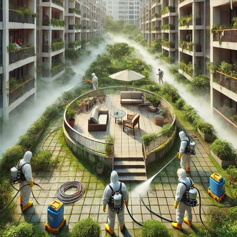 Nettoyage d’une terrasse et des espaces verts autour d’un logement insalubre par des professionnels.