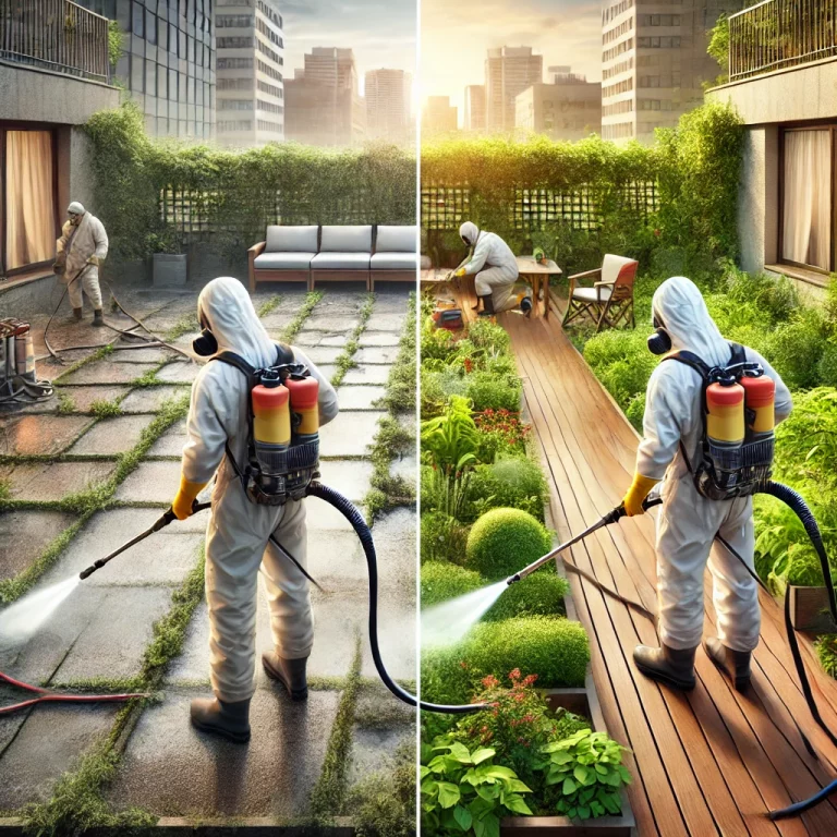 Illustration du nettoyage d’une terrasse insalubre et de la remise en état d’un jardin par des professionnels.