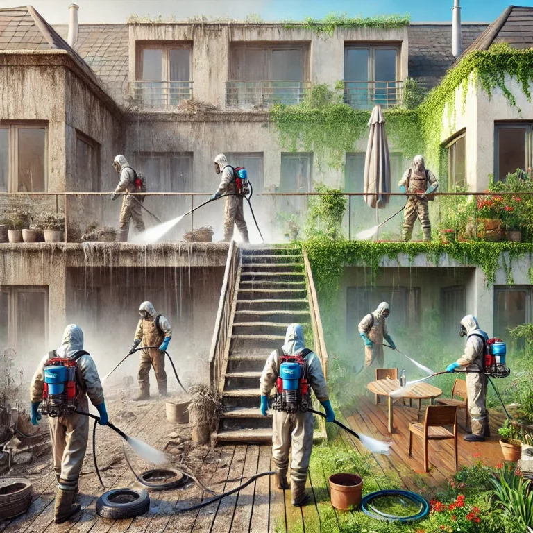 Illustration montrant des professionnels nettoyant une terrasse insalubre et restaurant un jardin négligé.
